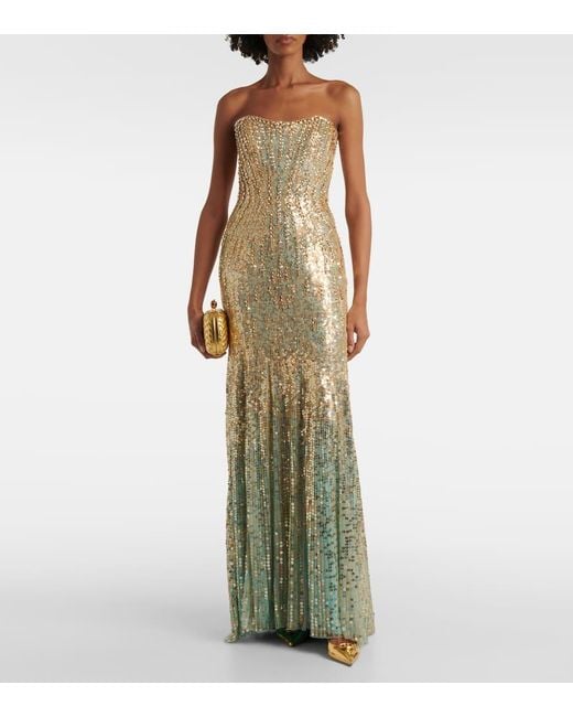 Jenny Packham Green Sarai Sequined Strapless Gown
