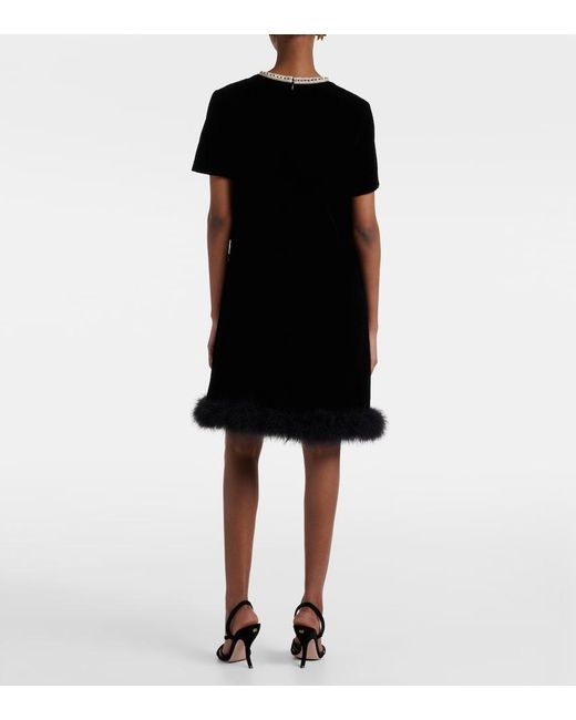 Valentino Black Embellished Feather-Trimmed Velvet Minidress