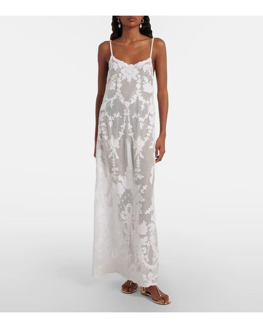 Juliet Dunn White Embroidered Semi-Sheer Cotton Maxi Dress