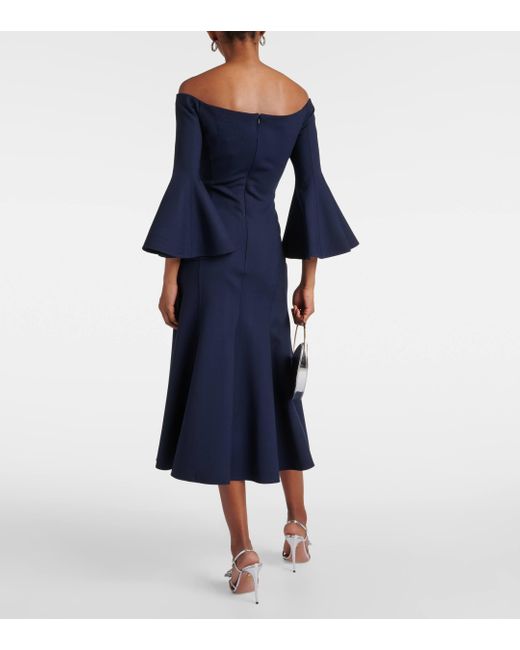 Oscar de la Renta Blue Off-shoulder Wool-blend Midi Dress