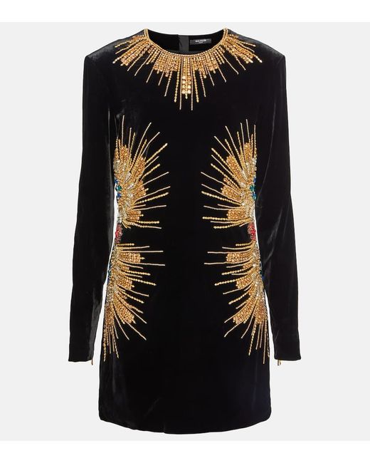 Balmain Black Embellished Velvet Minidress