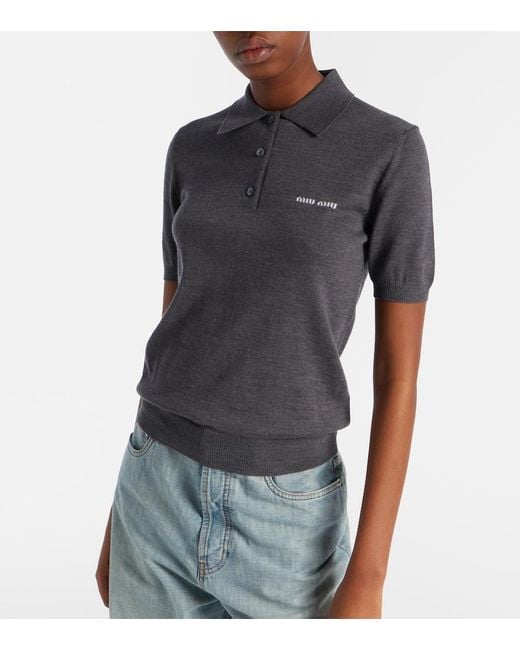 Miu Miu Gray Logo Wool Polo Sweater
