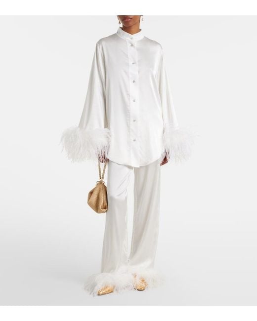 Oseree White Bridal Feather-Trimmed Satin Shirt