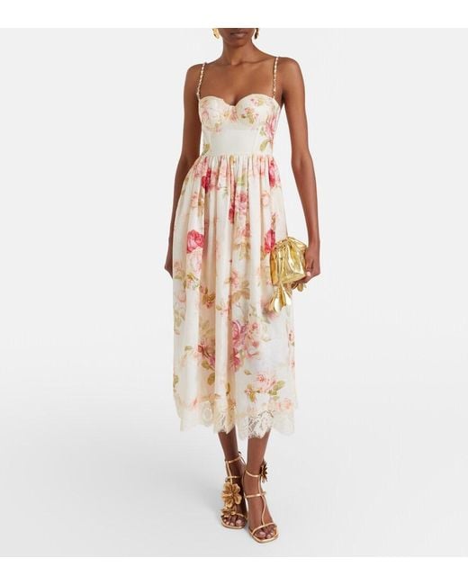 Zimmermann Natural Roselight Floral Linen Midi Dress