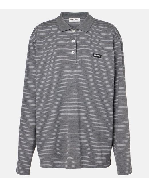 Miu Miu Gray Striped Cotton Jersey Polo Shirt