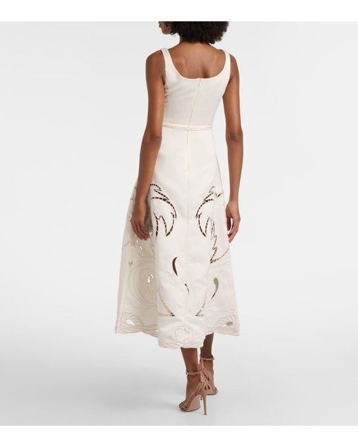 LEO LIN White Palm Laser-Cut Embroidered Midi Dress