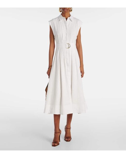 Veronica Beard White Loreta Belted Linen Midi Dress