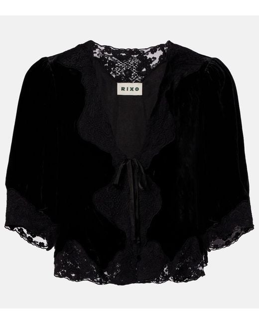 Rixo Black Ursula Lace-Trimmed Velvet Top