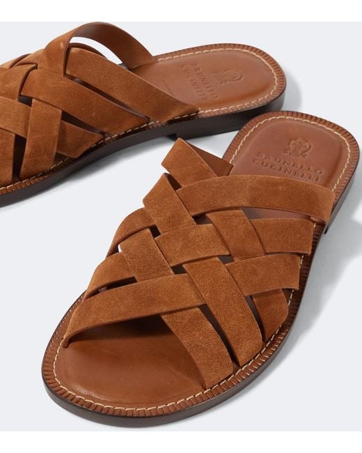 Brunello Cucinelli Brown Woven Suede Sandals for men