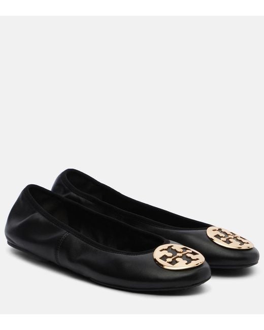 Tory Burch Black Reva Travel Leather Ballet Flats