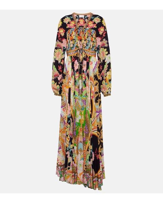 Camilla Metallic Maxikleid aus crêpe mit print