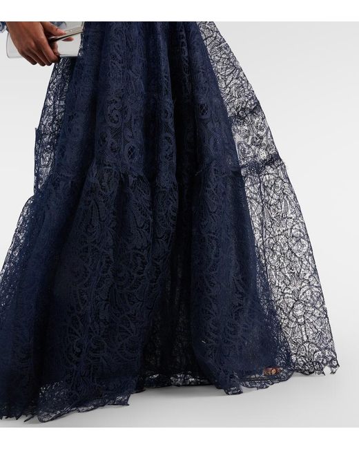 Costarellos Blue Ruched Lace Gown