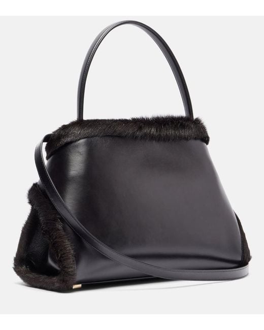 Ferragamo Black Hugh Medium Shearling-Trimmed Leather Shoulder Bag