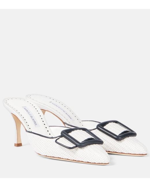 Manolo Blahnik White Maysale 70 Leather-Trimmed Raffia Mules