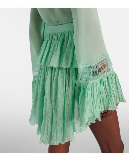 Blumarine Green Plisse Tiered Georgette Miniskirt