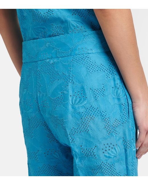 Valentino Blue Broderie Anglaise Scalloped Cotton Straight Pants
