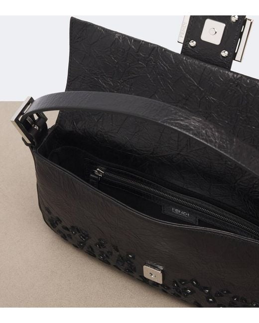 Fendi Black Baguette 26424 Small Embellished Leather Shoulder Bag