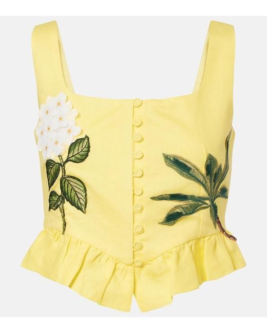 Agua Bendita Yellow Eslabon Floral-Applique Linen Crop Top