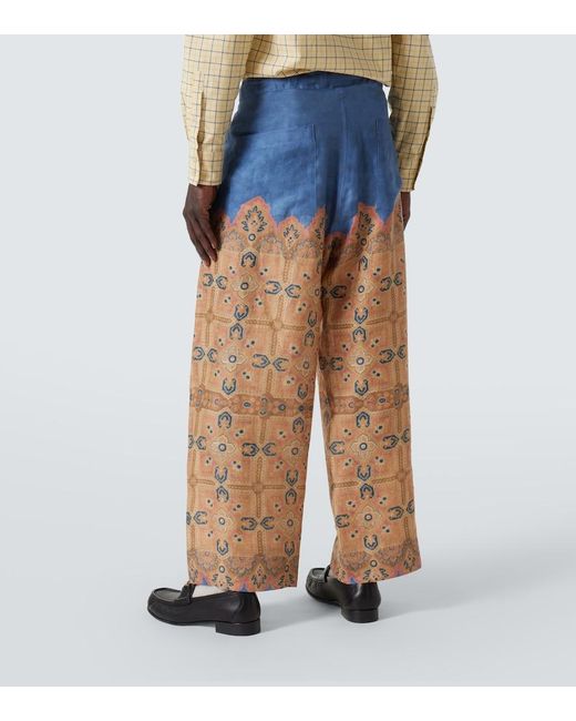 Valentino Blue Printed Linen Wide-Leg Pants for men