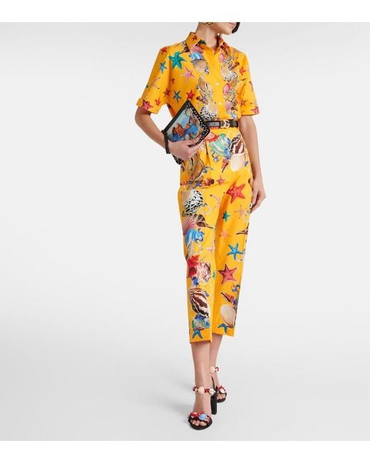 Dolce & Gabbana Yellow Capri Printed High-Rise Cotton Tapered Pants