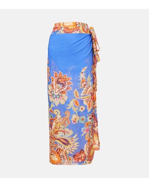 Etro Blue Printed Cotton And Silk Wrap Skirt