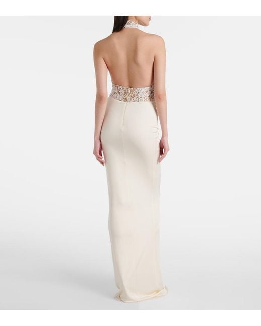 The New Arrivals Ilkyaz Ozel White Cass Embroidered Ruched Halterneck Gown