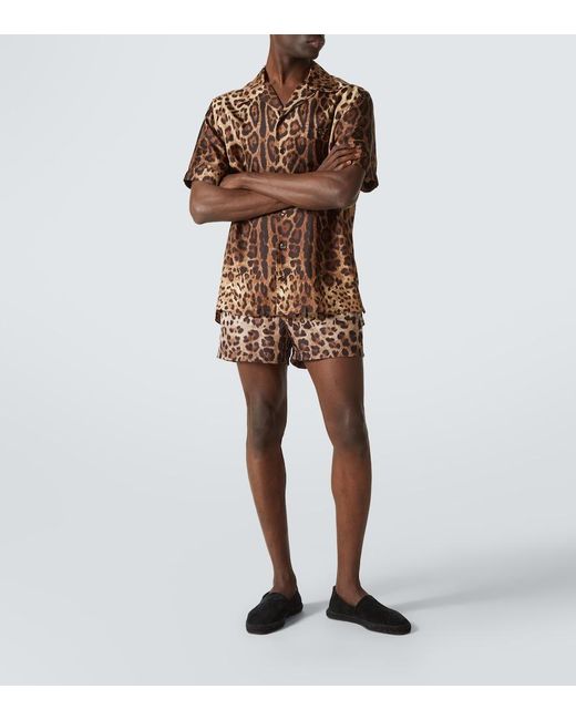 Dolce & Gabbana Brown Bowling Shirt With Cuban Collar And All-Over Leopard Print for men