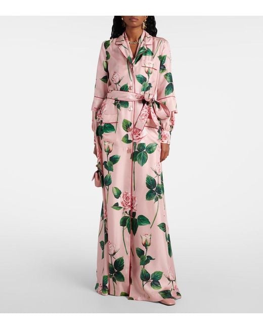Dolce & Gabbana Pink Floral Belted Silk Satin Maxi Dress