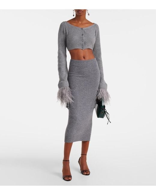 Blumarine Gray Cropped Ribbed-Knit Wool Cardigan