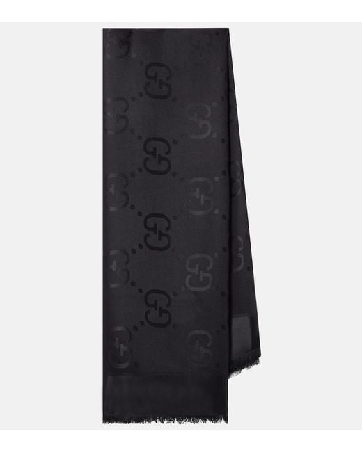 Gucci Black Gg Silk And Wool Jacquard Scarf