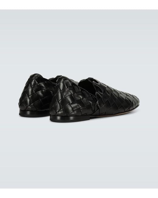 Bottega Veneta Black Leather Intrecciato Slippers for men