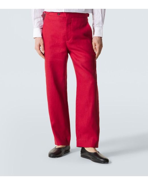 Bode Red Linen Straight Pants for men