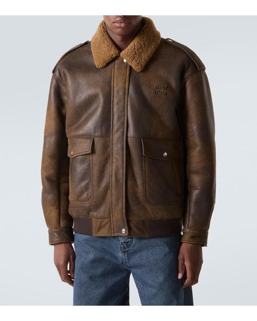 Miu Miu Shearling-Lined Leather Blouson Jacket in Brown for Men | Lyst