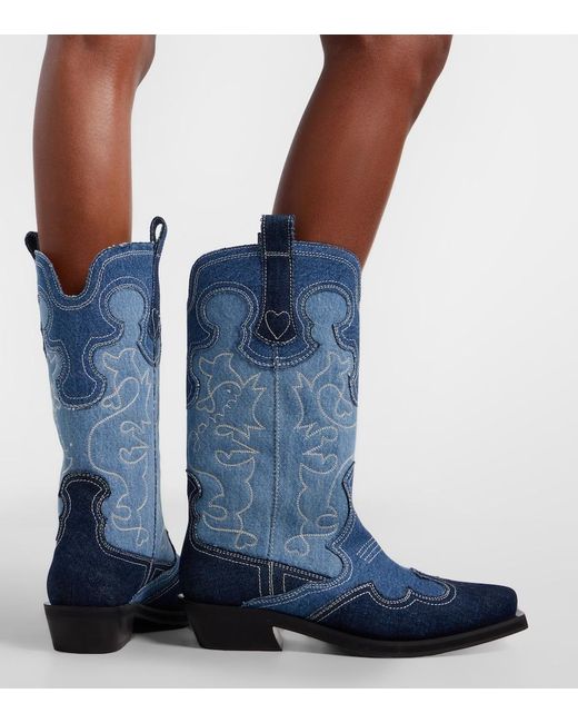 Ganni Blue Denim Cowboy Boots