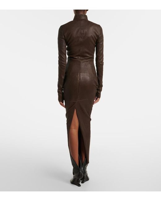 Rick Owens Brown Dirt Pillar Leather And Cotton Midi Skirt