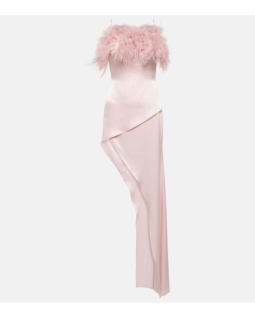David Koma Pink Feather-Trimmed Satin Midi Dress