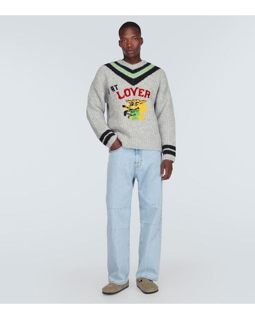 ERL Gray Embroidered Wool-Blend Sweater for men