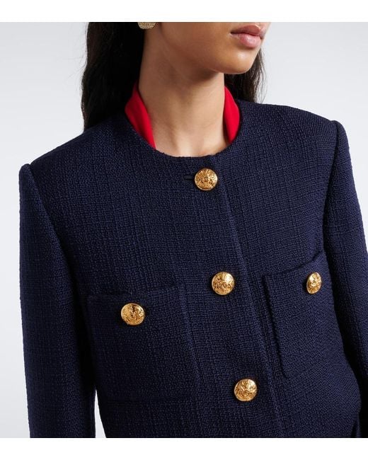 Valentino Blue Shearling-Trimmed Wool-Blend Tweed Jacket