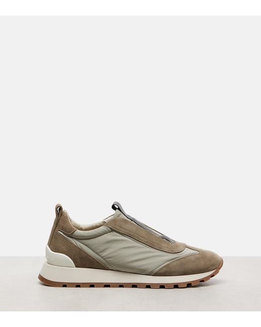 Brunello Cucinelli Gray Monili Suede-Trimmed Sneakers
