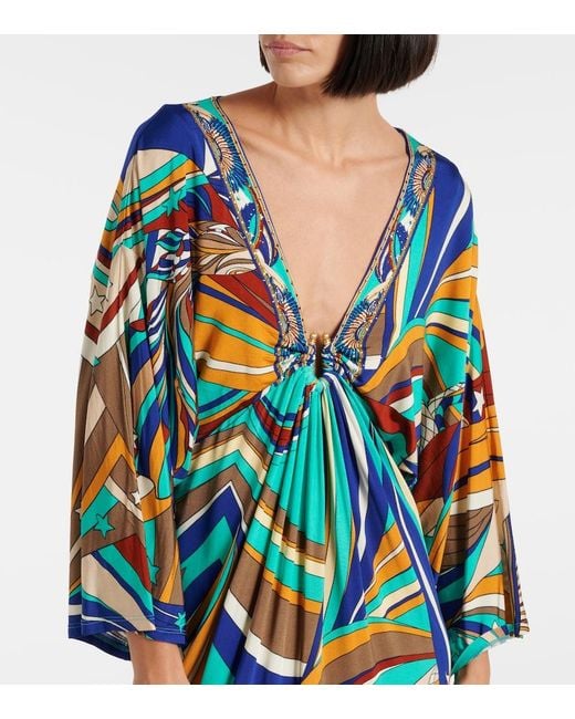 Camilla Blue Draped Printed Jersey Maxi Dress
