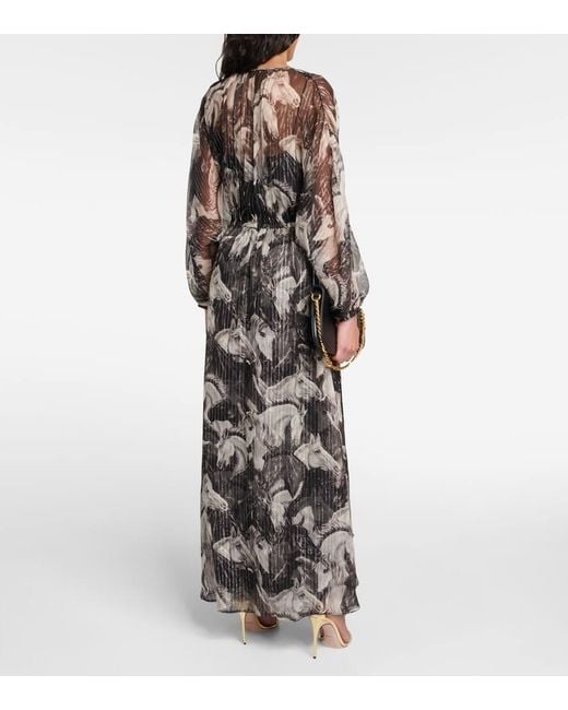 Gucci Gray Embellished Printed Drawstring Metallic Crepe Maxi Dress