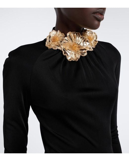 David Koma Black Draped Floral-Applique Gown