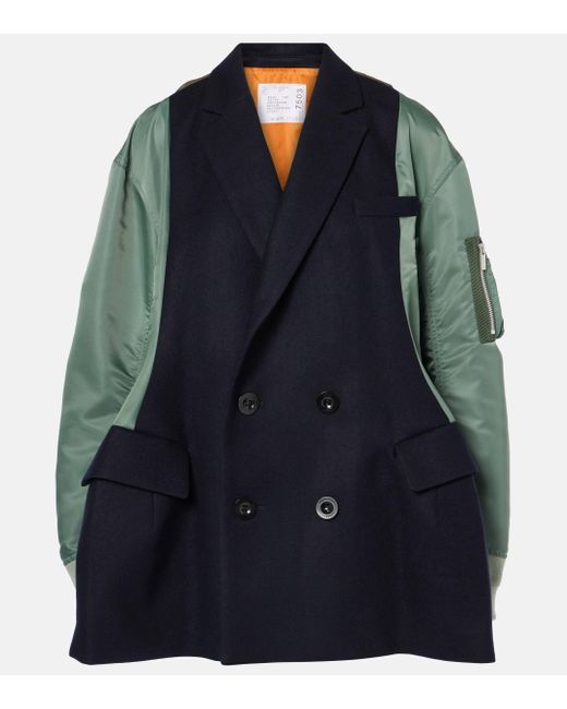 Sacai Blue Wool-Blend Quilted Coat