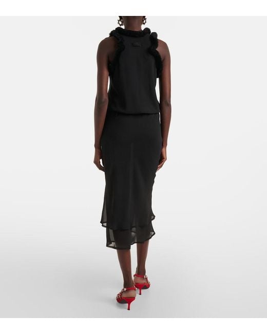The Attico Black Faux Fur-Trimmed Midi Dress