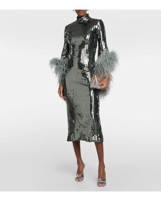 ‎Taller Marmo Green Del Rio Feather-trimmed Sequined Midi Dress