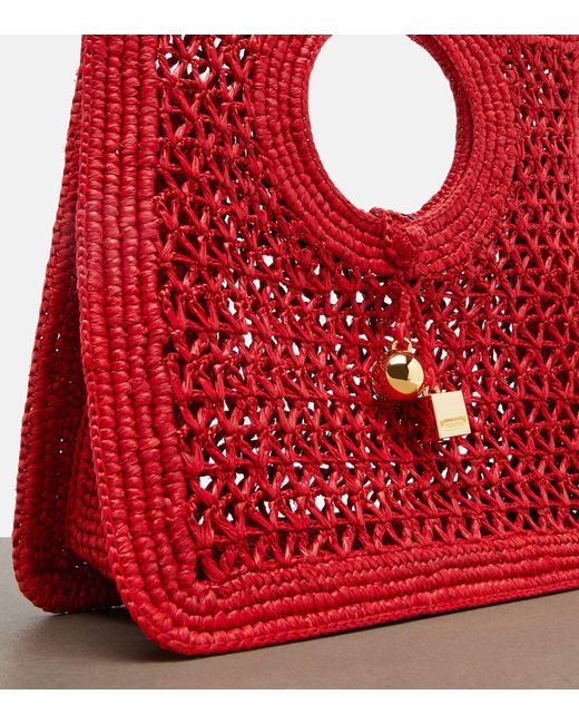 Jacquemus Red Spiaggia Small Raffia Top-Handle Bag