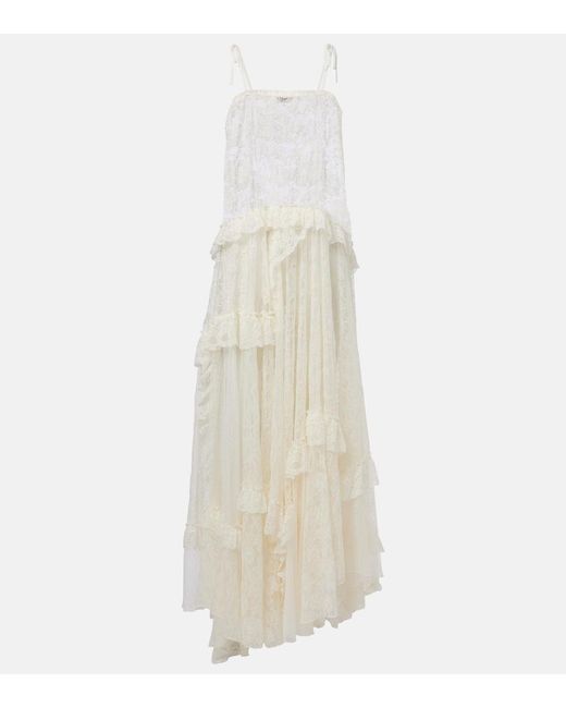 Chloé White Ruffled Sheer Lace Maxi Dress
