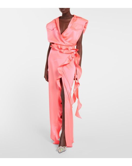 David Koma Pink Padded Shoulders Ruffle Wrap Gown