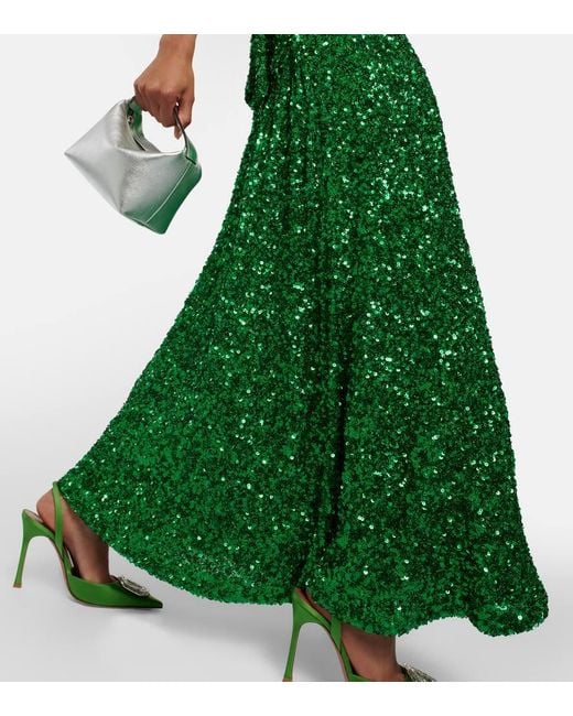 ROTATE BIRGER CHRISTENSEN Green Sequined Puff-Sleeve Maxi Dress