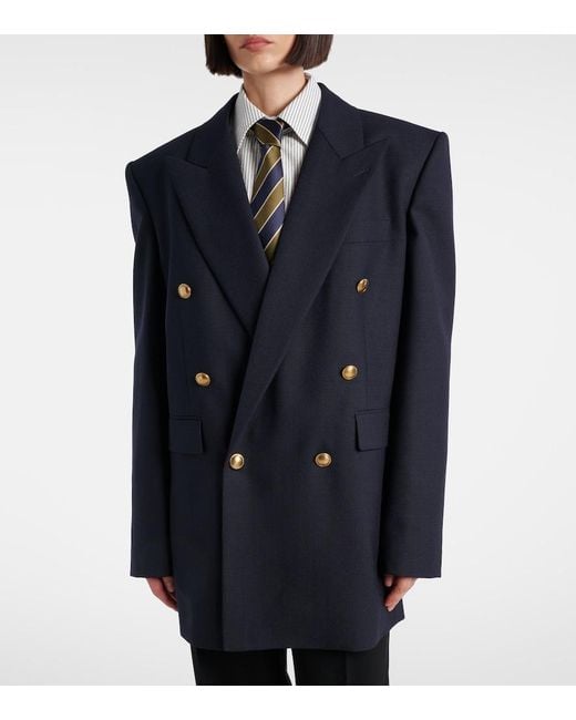 Saint Laurent Blue Double-Breasted Wool Chine Blazer